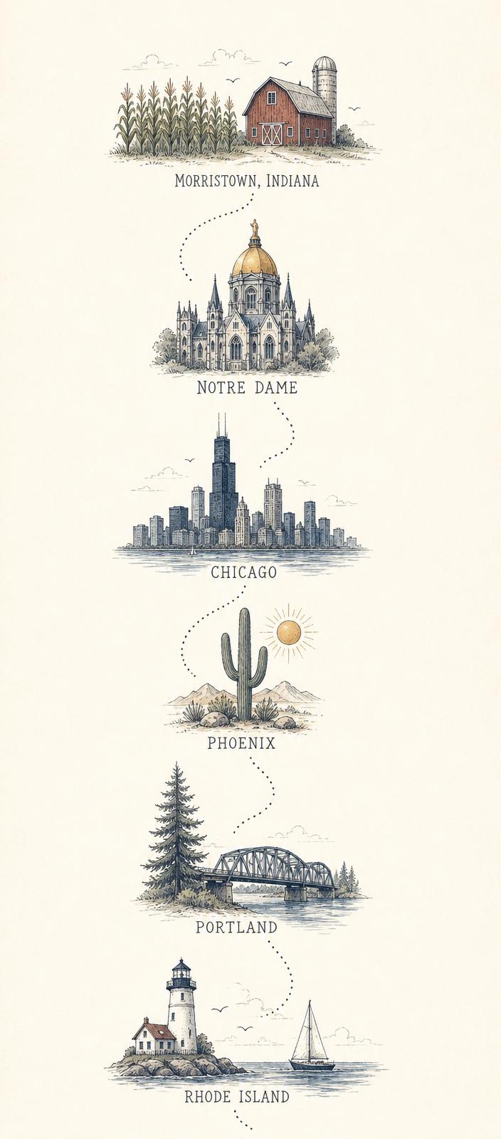 Illustrated map tracing a path from central Indiana to Notre Dame, Chicago, Phoenix, Portland, and Rhode Island